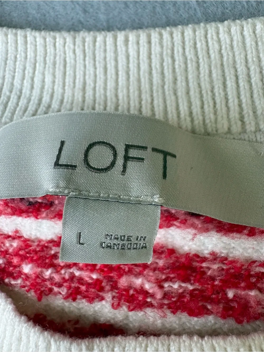 LOFT Fair Isle Red & White Striped Everyday Crewneck Sweater Sz L
